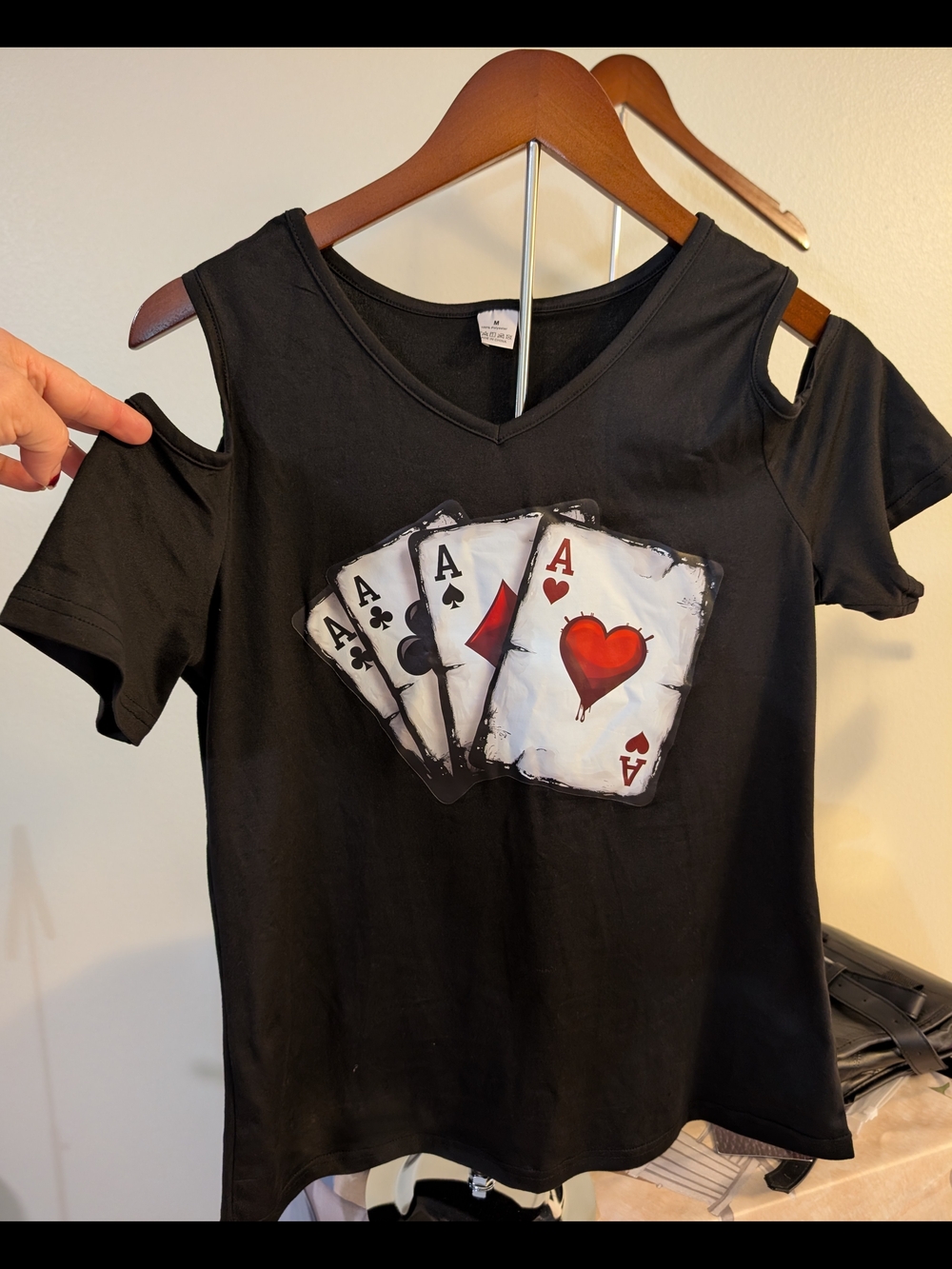 Black Women's Cold-Shoulder Tee with Ace of Hearts